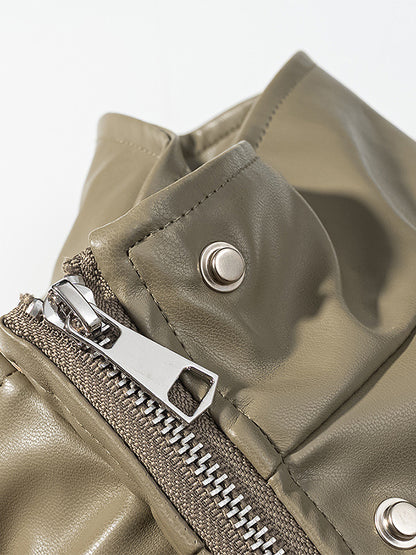 Faux Leather Safari Jacket For Women - Drawstring Waist High Neck Cargo Pocket Midi Coat - Spring Chic Streetwear 2026
