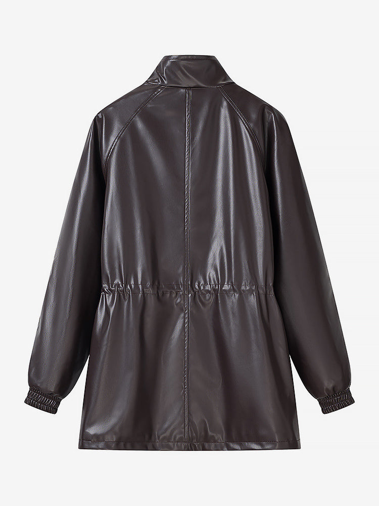 Faux Leather Safari Jacket For Women - Drawstring Waist High Neck Cargo Pocket Midi Coat - Spring Chic Streetwear 2026
