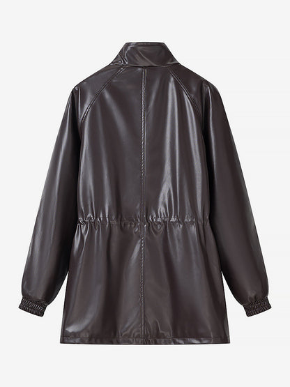Faux Leather Safari Jacket For Women - Drawstring Waist High Neck Cargo Pocket Midi Coat - Spring Chic Streetwear 2026