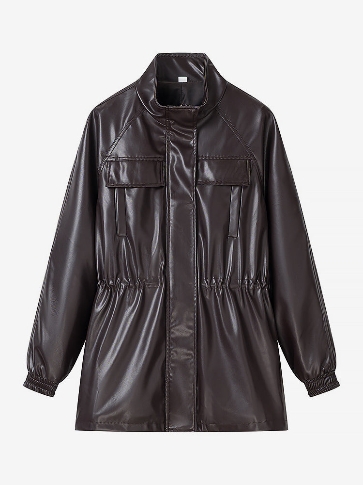 Faux Leather Safari Jacket For Women - Drawstring Waist High Neck Cargo Pocket Midi Coat - Spring Chic Streetwear 2026