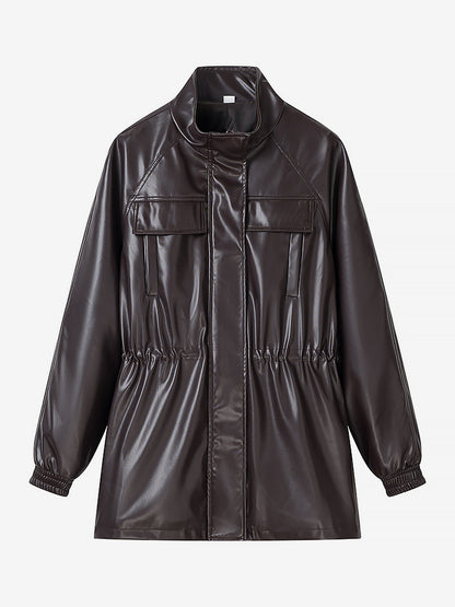 Faux Leather Safari Jacket For Women - Drawstring Waist High Neck Cargo Pocket Midi Coat - Spring Chic Streetwear 2026
