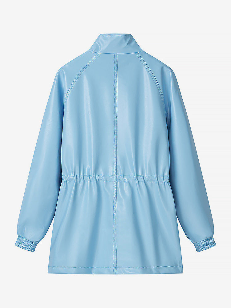 Faux Leather Safari Jacket For Women - Drawstring Waist High Neck Cargo Pocket Midi Coat - Spring Chic Streetwear 2026