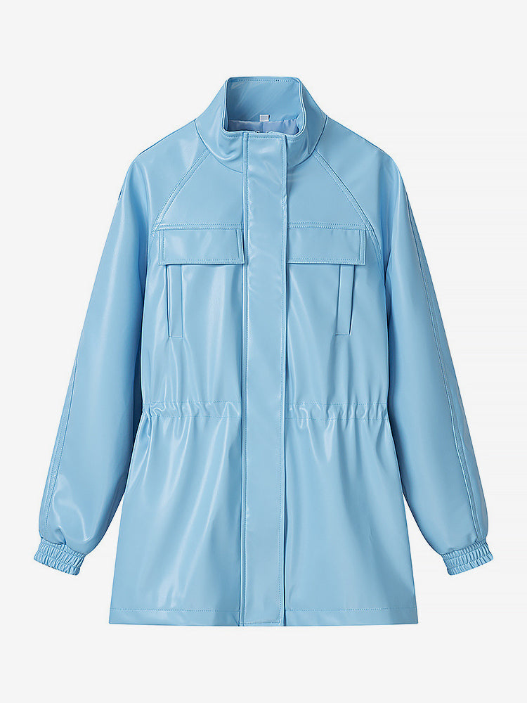Faux Leather Safari Jacket For Women - Drawstring Waist High Neck Cargo Pocket Midi Coat - Spring Chic Streetwear 2026