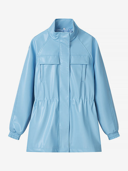 Faux Leather Safari Jacket For Women - Drawstring Waist High Neck Cargo Pocket Midi Coat - Spring Chic Streetwear 2026
