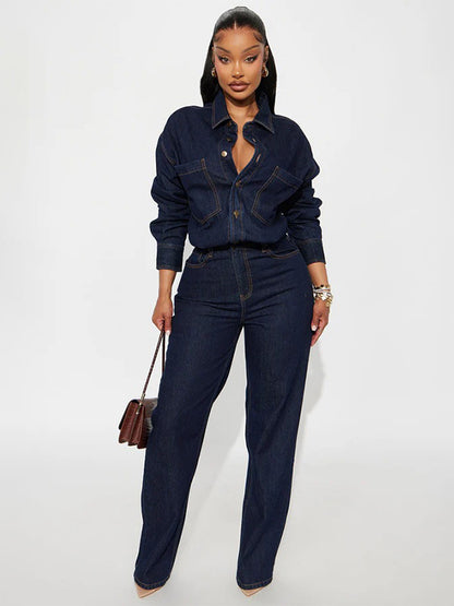 Long Sleeve Denim Jumpsuit For Women - Blue Button Down Straight Leg One Piece Jean Romper - Spring Casual Streetwear 2026