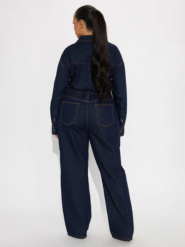 Long Sleeve Denim Jumpsuit For Women - Blue Button Down Straight Leg One Piece Jean Romper - Spring Casual Streetwear 2026