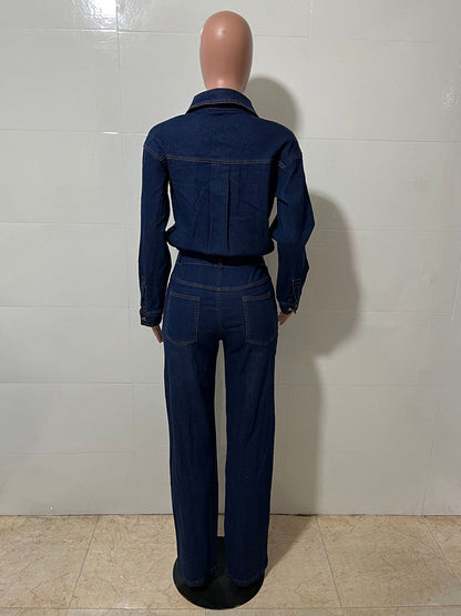 Long Sleeve Denim Jumpsuit For Women - Blue Button Down Straight Leg One Piece Jean Romper - Spring Casual Streetwear 2026