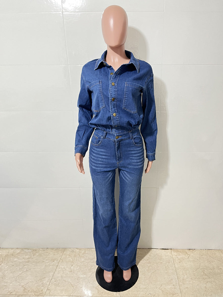 Long Sleeve Denim Jumpsuit For Women - Blue Button Down Straight Leg One Piece Jean Romper - Spring Casual Streetwear 2026