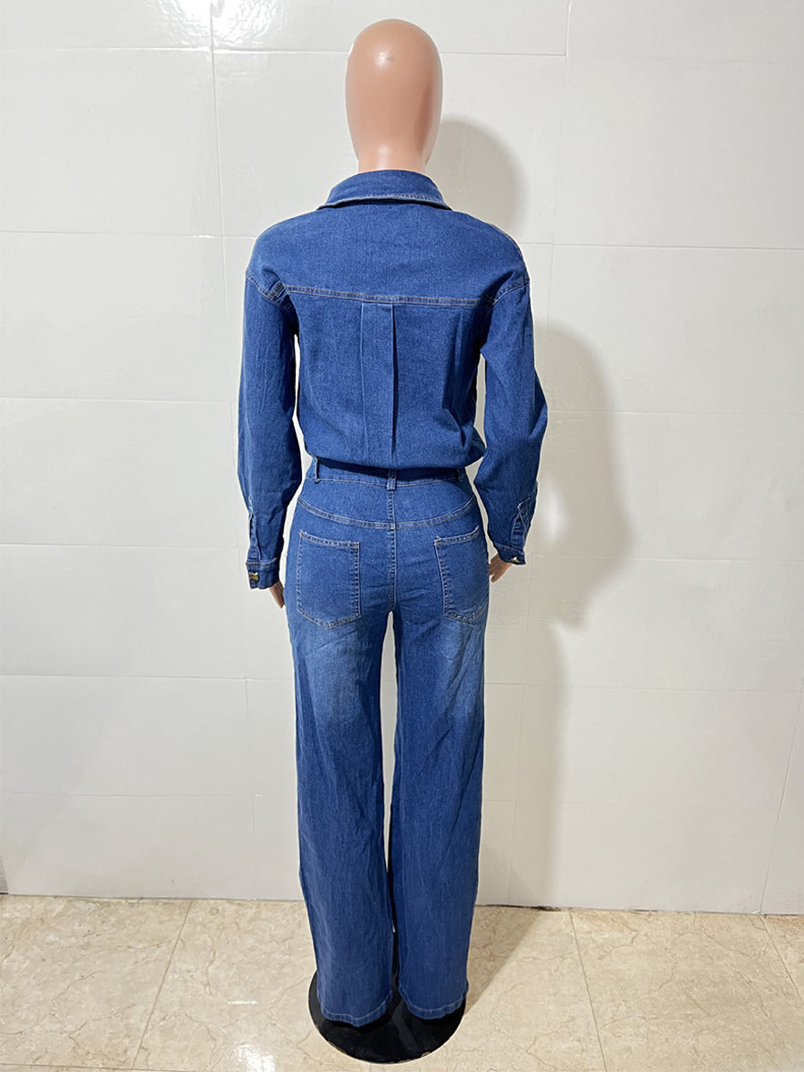 Long Sleeve Denim Jumpsuit For Women - Blue Button Down Straight Leg One Piece Jean Romper - Spring Casual Streetwear 2026