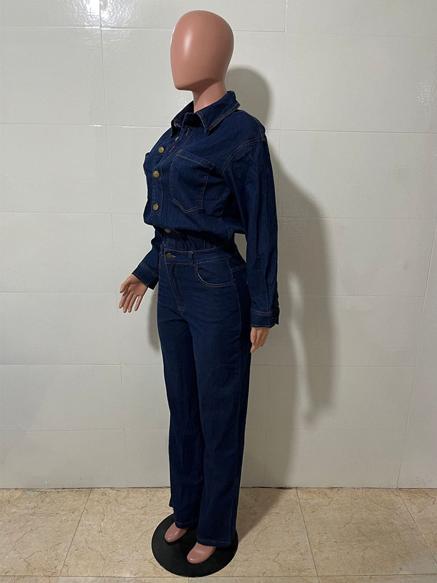 Long Sleeve Denim Jumpsuit For Women - Blue Button Down Straight Leg One Piece Jean Romper - Spring Casual Streetwear 2026