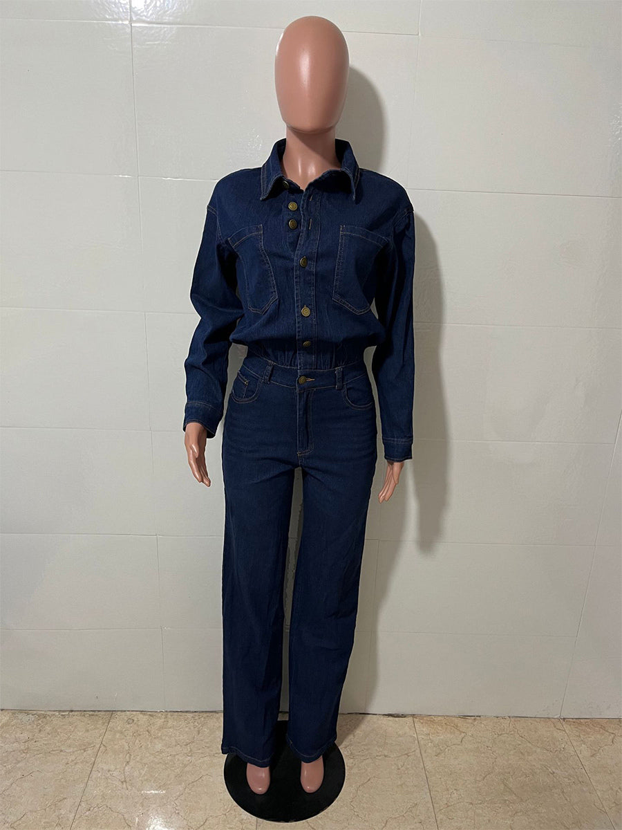Long Sleeve Denim Jumpsuit For Women - Blue Button Down Straight Leg One Piece Jean Romper - Spring Casual Streetwear 2026