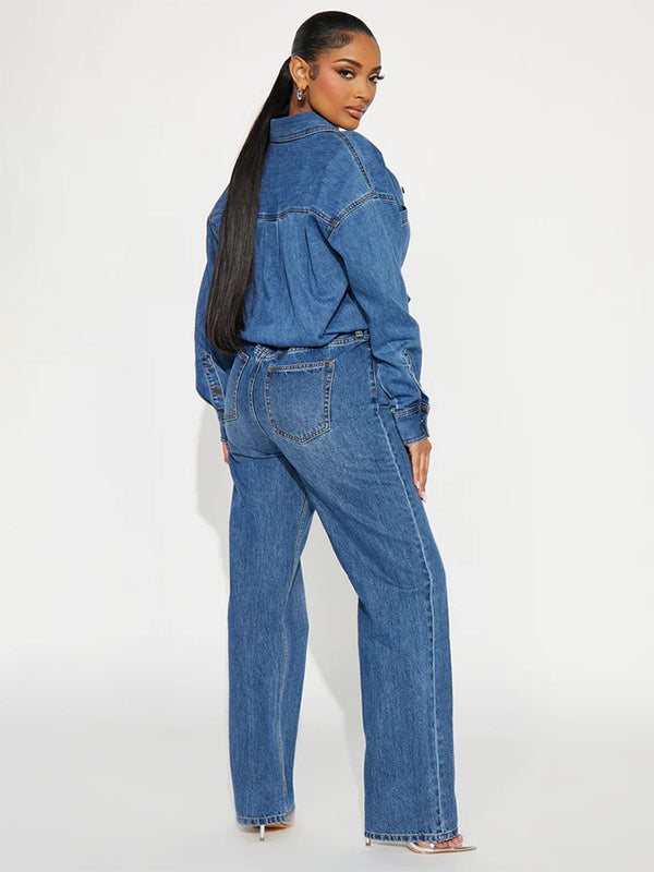 Long Sleeve Denim Jumpsuit For Women - Blue Button Down Straight Leg One Piece Jean Romper - Spring Casual Streetwear 2026