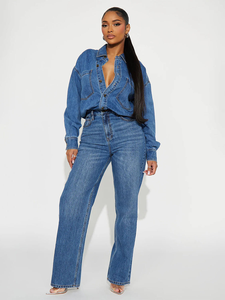 Long Sleeve Denim Jumpsuit For Women - Blue Button Down Straight Leg One Piece Jean Romper - Spring Casual Streetwear 2026
