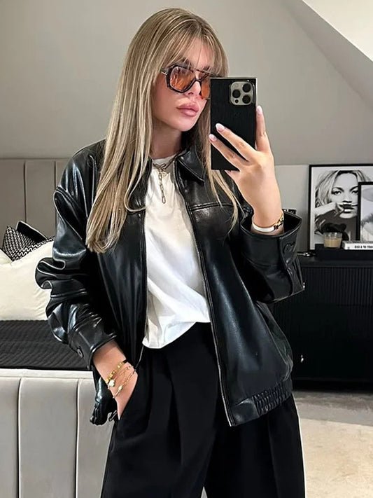 Vintage Faux Leather Bomber Jacket For Women - Retro Zip Up Oversized Harrington Moto Coat - Spring Casual Outerwear 2026