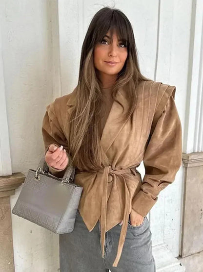Faux Suede Wrap Jacket For Women - Brown Hourglass Tailored Blazer Structured Shoulder Coat - Spring Chic Streetwear 2026