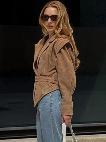 Faux Suede Wrap Jacket For Women - Brown Hourglass Tailored Blazer Structured Shoulder Coat - Spring Chic Streetwear 2026
