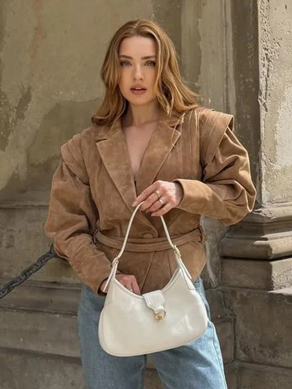 Faux Suede Wrap Jacket For Women - Brown Hourglass Tailored Blazer Structured Shoulder Coat - Spring Chic Streetwear 2026