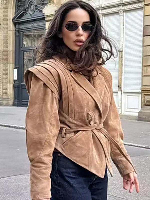 Faux Suede Wrap Jacket For Women - Brown Hourglass Tailored Blazer Structured Shoulder Coat - Spring Chic Streetwear 2026