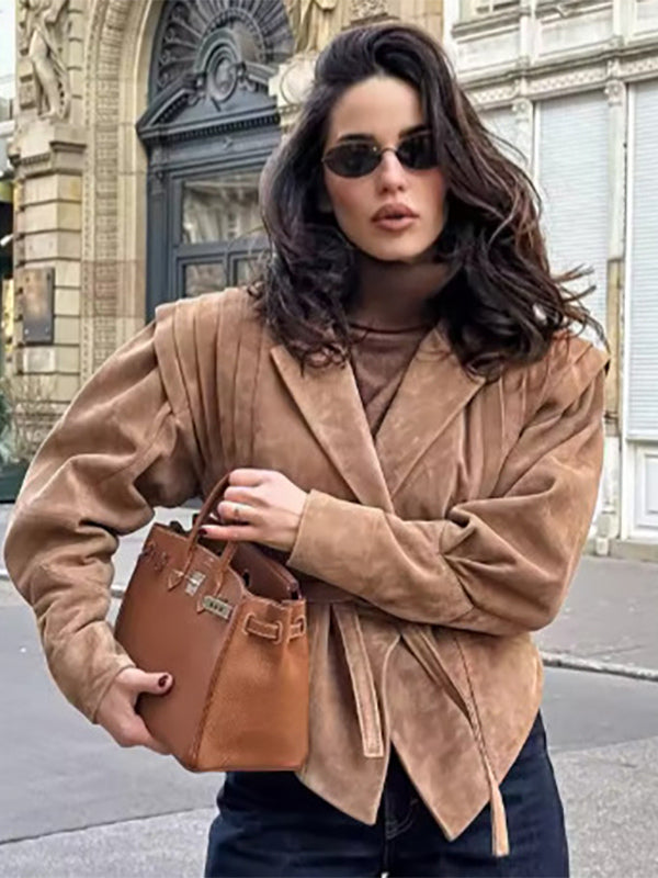 Faux Suede Wrap Jacket For Women - Brown Hourglass Tailored Blazer Structured Shoulder Coat - Spring Chic Streetwear 2026
