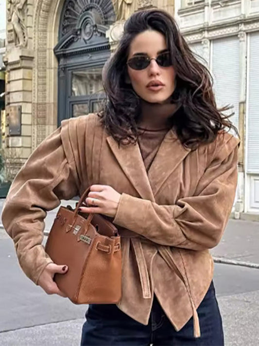 Faux Suede Wrap Jacket For Women - Brown Hourglass Tailored Blazer Structured Shoulder Coat - Spring Chic Streetwear 2026