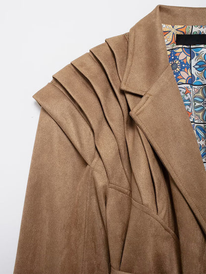 Faux Suede Wrap Jacket For Women - Brown Hourglass Tailored Blazer Structured Shoulder Coat - Spring Chic Streetwear 2026