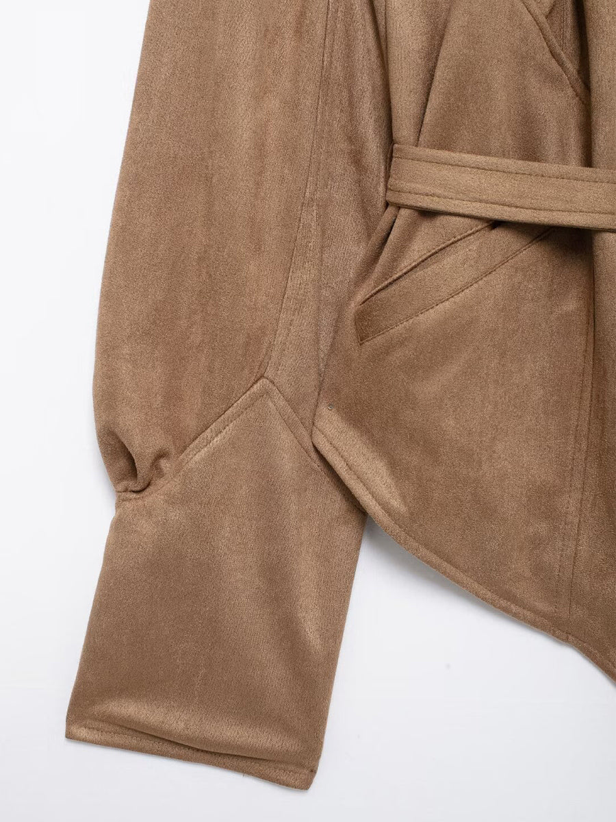 Faux Suede Wrap Jacket For Women - Brown Hourglass Tailored Blazer Structured Shoulder Coat - Spring Chic Streetwear 2026