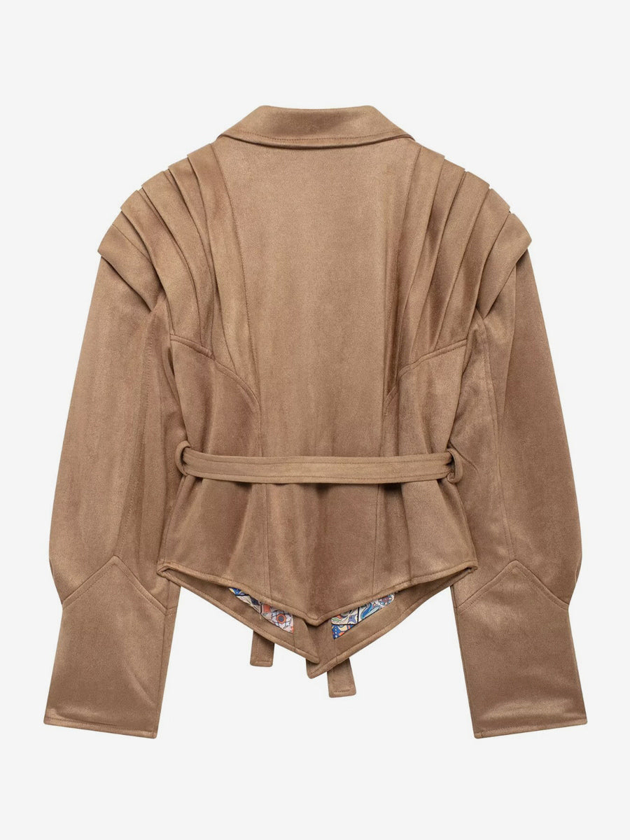 Faux Suede Wrap Jacket For Women - Brown Hourglass Tailored Blazer Structured Shoulder Coat - Spring Chic Streetwear 2026