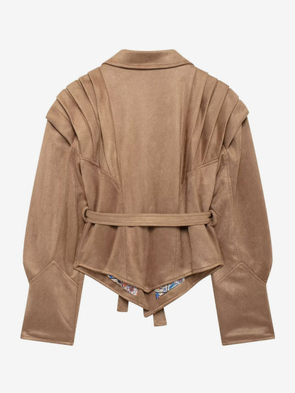 Faux Suede Wrap Jacket For Women - Brown Hourglass Tailored Blazer Structured Shoulder Coat - Spring Chic Streetwear 2026
