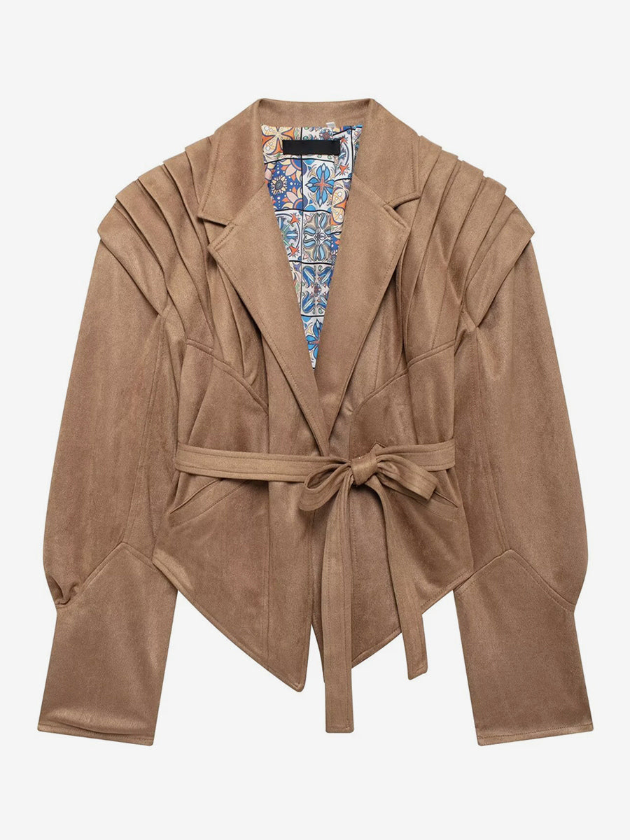Faux Suede Wrap Jacket For Women - Brown Hourglass Tailored Blazer Structured Shoulder Coat - Spring Chic Streetwear 2026
