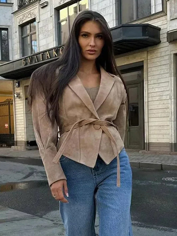 Faux Suede Wrap Jacket For Women - Brown Hourglass Tailored Blazer Structured Shoulder Coat - Spring Chic Streetwear 2026