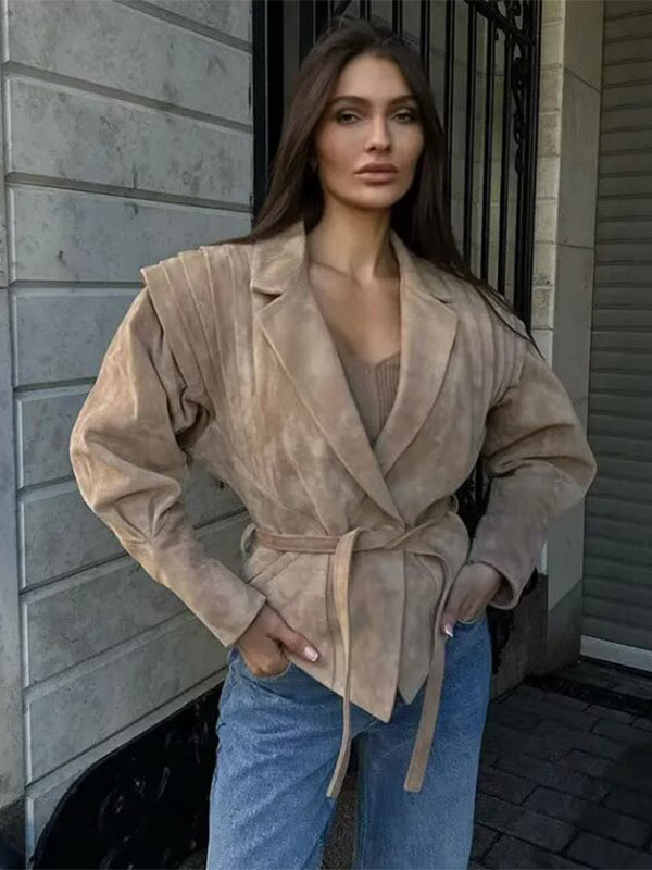 Faux Suede Wrap Jacket For Women - Brown Hourglass Tailored Blazer Structured Shoulder Coat - Spring Chic Streetwear 2026