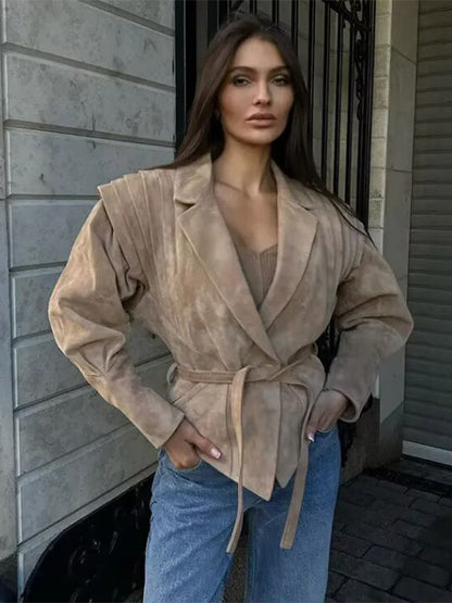 Faux Suede Wrap Jacket For Women - Brown Hourglass Tailored Blazer Structured Shoulder Coat - Spring Chic Streetwear 2026