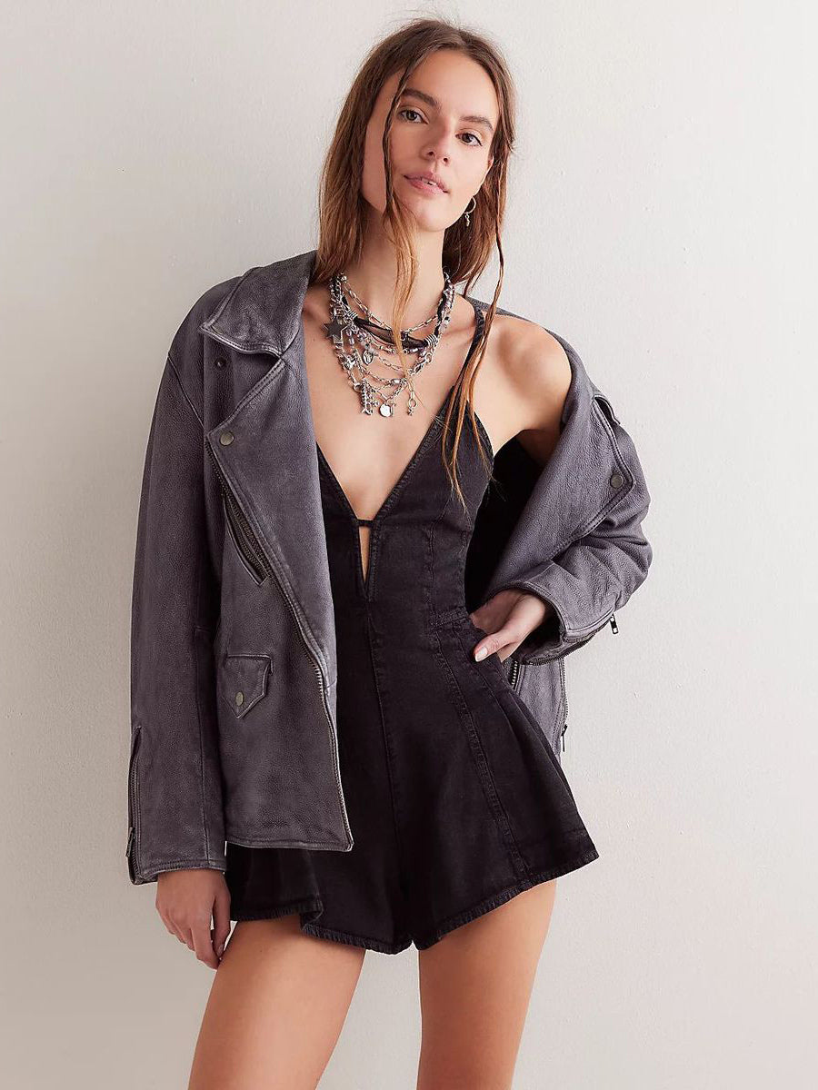 Backless Washed Denim Romper For Women - Grunge V-Neck Cross Strap Playsuit With Pockets - Summer Music Festival 2026