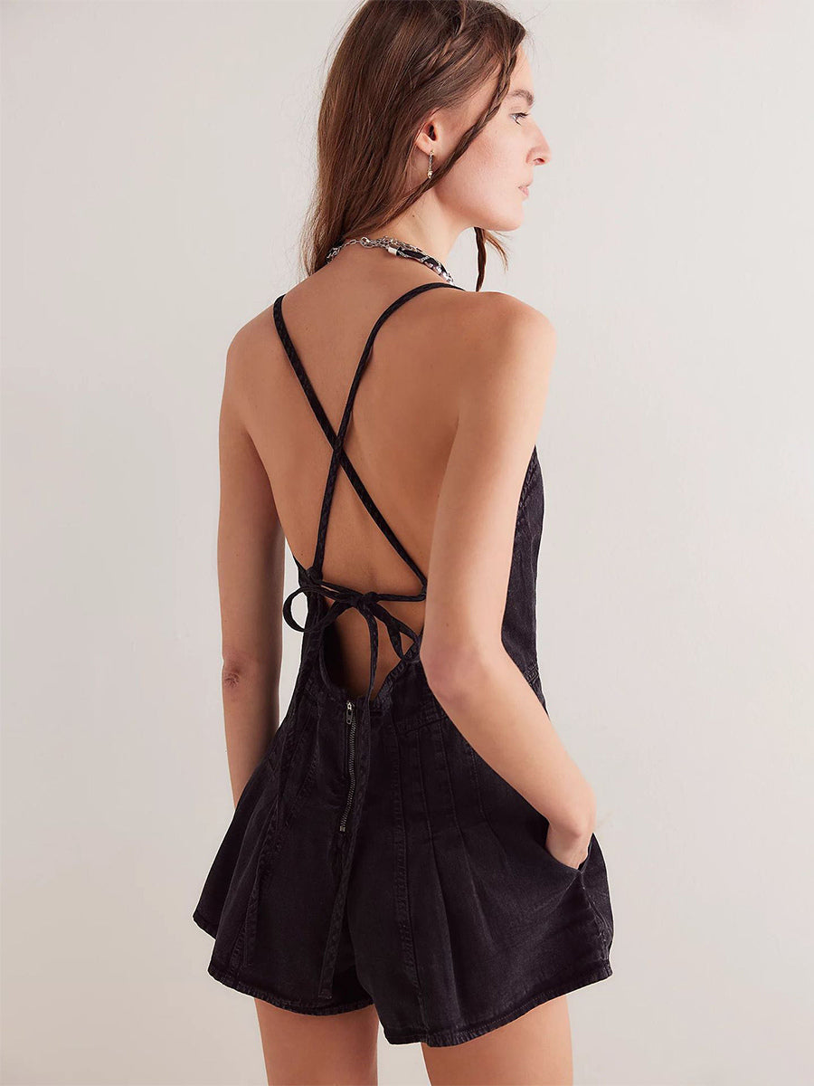 Backless Washed Denim Romper For Women - Grunge V-Neck Cross Strap Playsuit With Pockets - Summer Music Festival 2026
