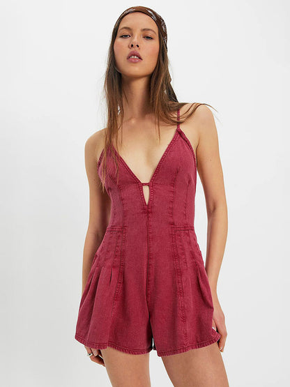 Backless Washed Denim Romper For Women - Grunge V-Neck Cross Strap Playsuit With Pockets - Summer Music Festival 2026