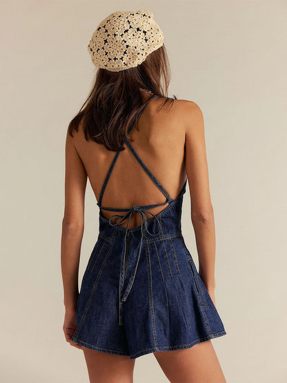 Backless Washed Denim Romper For Women - Grunge V-Neck Cross Strap Playsuit With Pockets - Summer Music Festival 2026