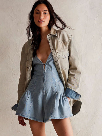 Backless Washed Denim Romper For Women - Grunge V-Neck Cross Strap Playsuit With Pockets - Summer Music Festival 2026