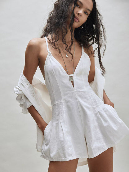 Backless Washed Denim Romper For Women - Grunge V-Neck Cross Strap Playsuit With Pockets - Summer Music Festival 2026