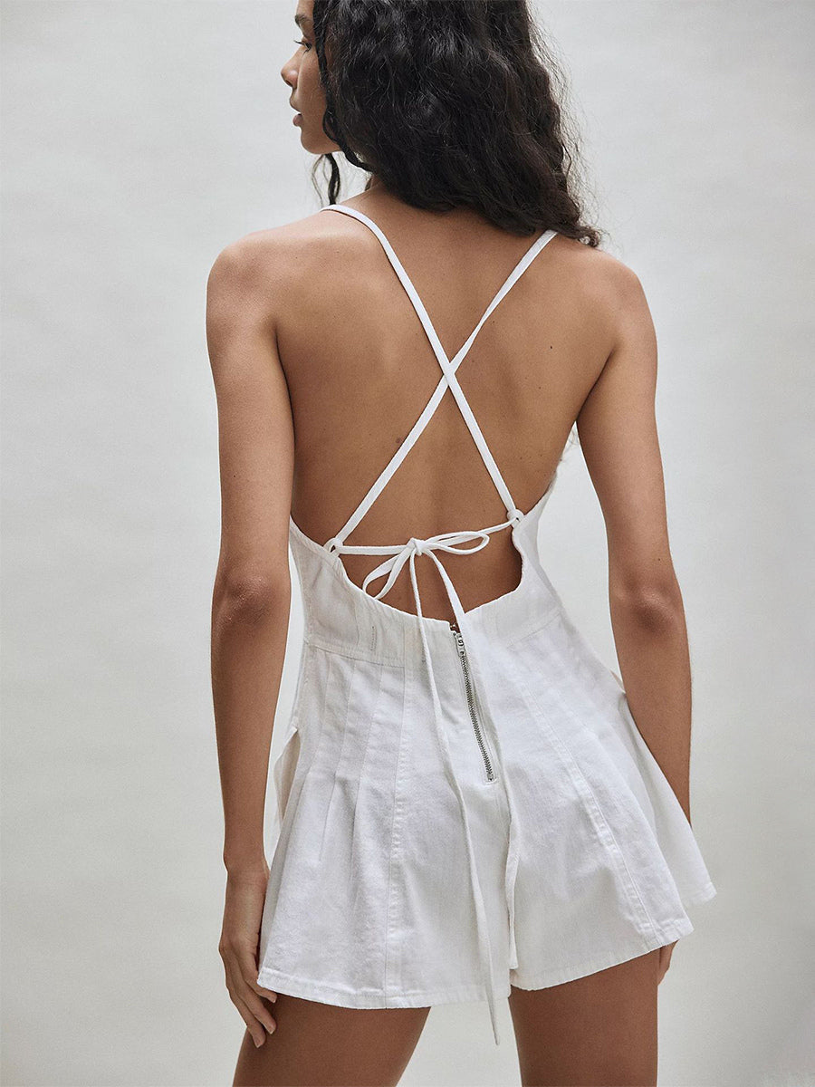 Backless Washed Denim Romper For Women - Grunge V-Neck Cross Strap Playsuit With Pockets - Summer Music Festival 2026