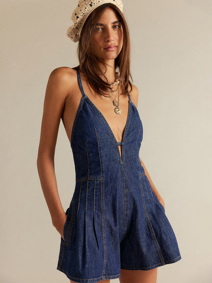 Backless Washed Denim Romper For Women - Grunge V-Neck Cross Strap Playsuit With Pockets - Summer Music Festival 2026