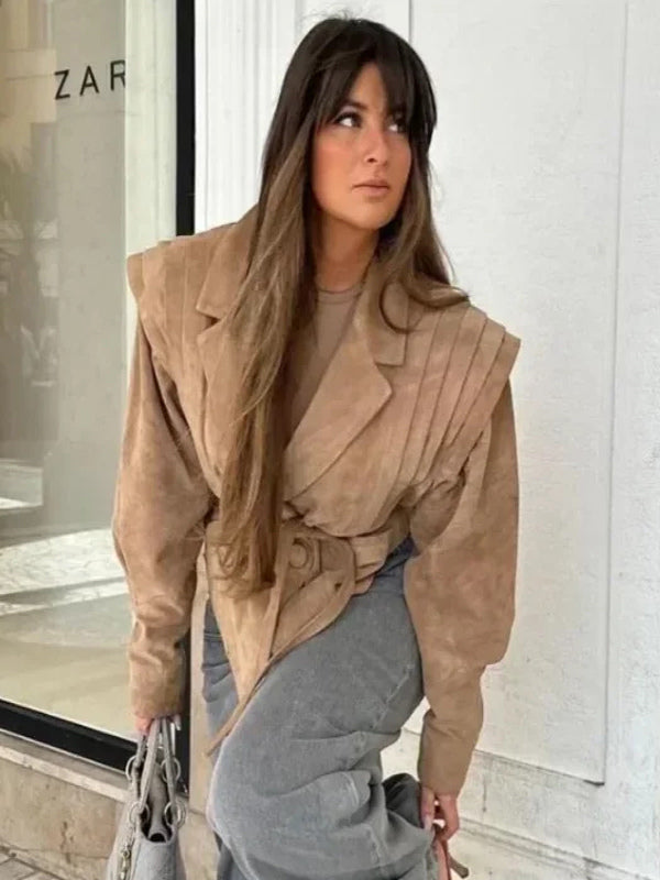 Faux Suede Wrap Jacket For Women - Brown Hourglass Tailored Blazer Structured Shoulder Coat - Spring Chic Streetwear 2026
