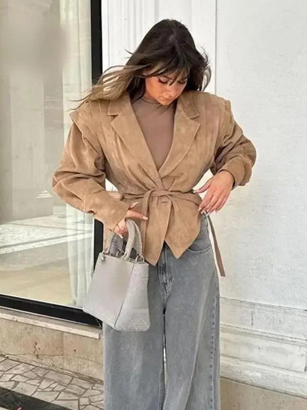 Faux Suede Wrap Jacket For Women - Brown Hourglass Tailored Blazer Structured Shoulder Coat - Spring Chic Streetwear 2026