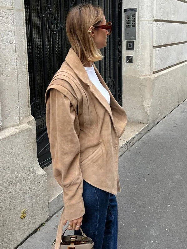 Faux Suede Wrap Jacket For Women - Brown Hourglass Tailored Blazer Structured Shoulder Coat - Spring Chic Streetwear 2026
