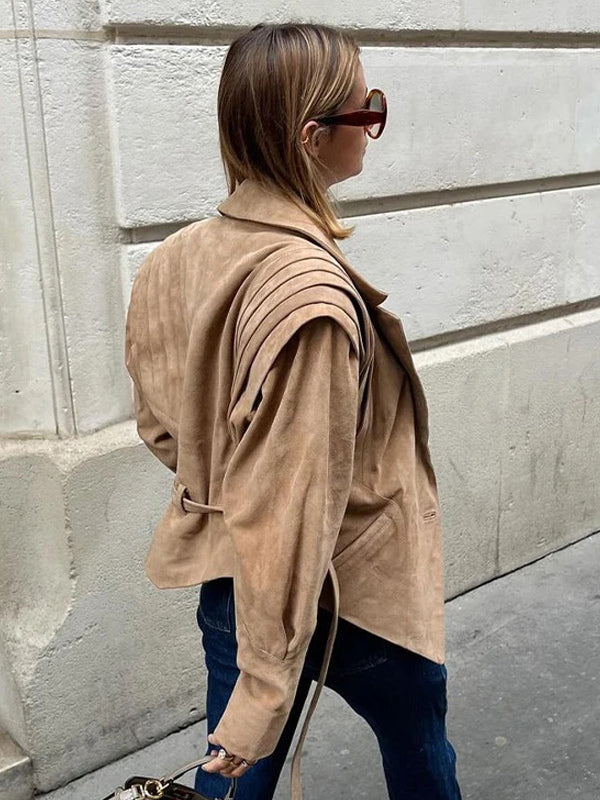 Faux Suede Wrap Jacket For Women - Brown Hourglass Tailored Blazer Structured Shoulder Coat - Spring Chic Streetwear 2026