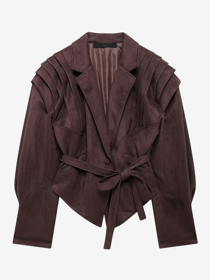 Faux Suede Wrap Jacket For Women - Brown Hourglass Tailored Blazer Structured Shoulder Coat - Spring Chic Streetwear 2026