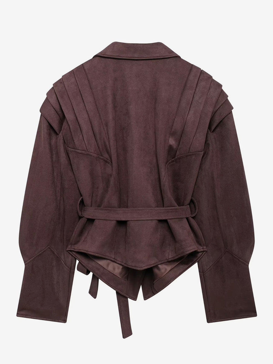 Faux Suede Wrap Jacket For Women - Brown Hourglass Tailored Blazer Structured Shoulder Coat - Spring Chic Streetwear 2026