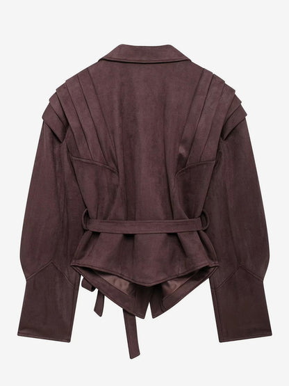 Faux Suede Wrap Jacket For Women - Brown Hourglass Tailored Blazer Structured Shoulder Coat - Spring Chic Streetwear 2026