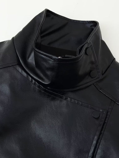 Oversized Faux Leather Bomber Jacket For Women - Black Retro High Neck Loose Moto Biker Coat - Spring Chic Streetwear 2026