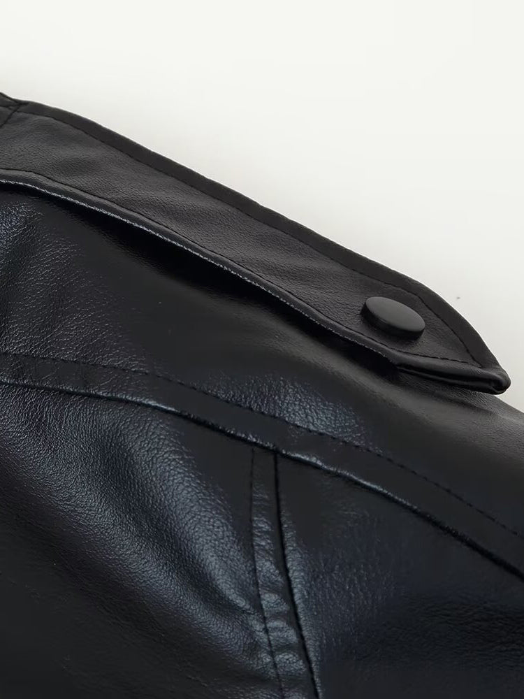 Oversized Faux Leather Bomber Jacket For Women - Black Retro High Neck Loose Moto Biker Coat - Spring Chic Streetwear 2026