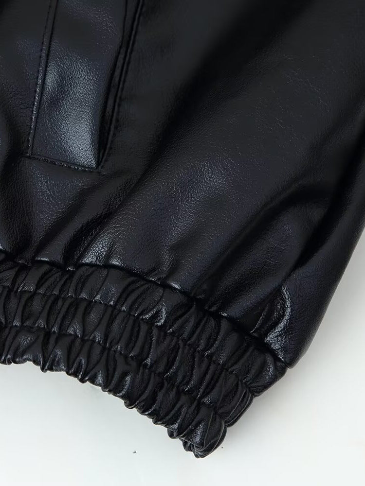Oversized Faux Leather Bomber Jacket For Women - Black Retro High Neck Loose Moto Biker Coat - Spring Chic Streetwear 2026